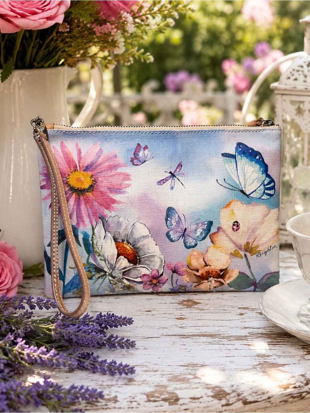 Brighton Belle Jardin Floral Butterfly Wristlet Clutch | Garden Print Leather